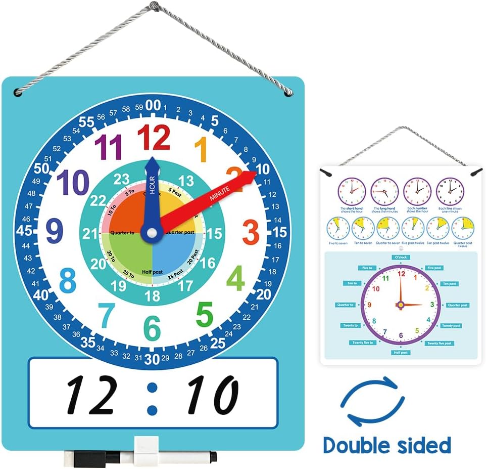 Lachilly Writable Dry Erase Learning Clock, Teaching Demonstration Clock, Telling Time Practice Aids Labelled Minute & Hour Hands, with Cute Style for Home School Classroom Supplies, 10.9" x 13.5"