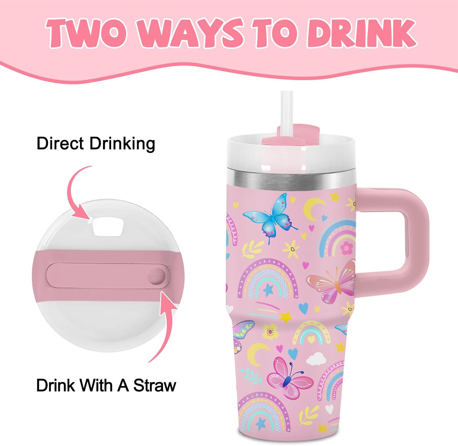 Butterfly Gifts for Girls, Rainbow Tumbler with Handle and Straw for Kids 14 oz, Birthday Gifts for Butterfly Lovers Girls, Insulated Stainless Steel Travel Mug - Image 7