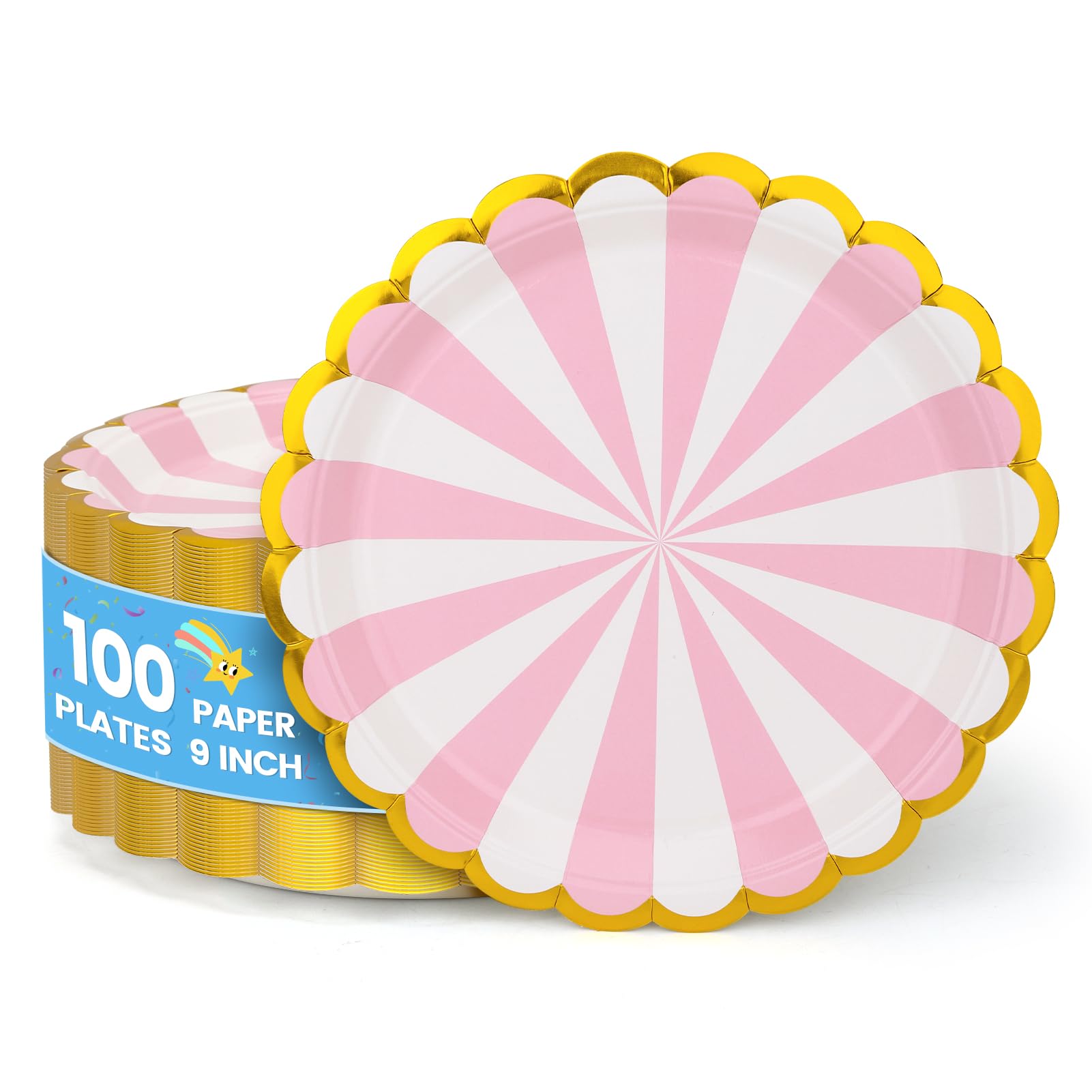 100Pcs Pink Paper Plates - 9 inch Scalloped Edged Pink Disposable Plates for Party, Round Dinner Dessert Plate for Birthday, Wedding, Baby Shower