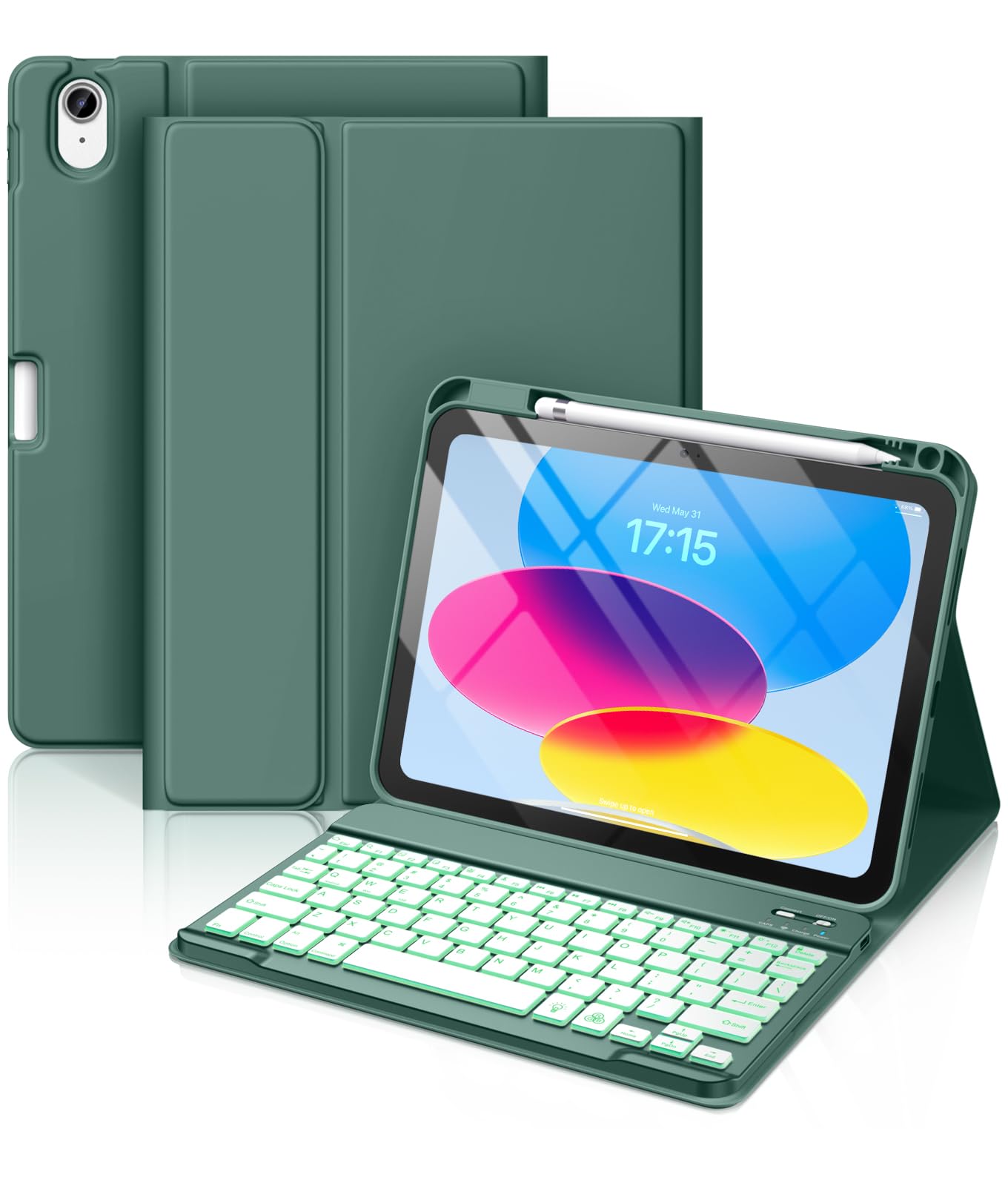 HamileHamile iPad 10.9 10.9 Inch Keyboard Case, 7 Colors Backlit Wireless Detachable Keyboard Case with Pencil Holder for iPad 10th Generation 2022 (Midnight Green)