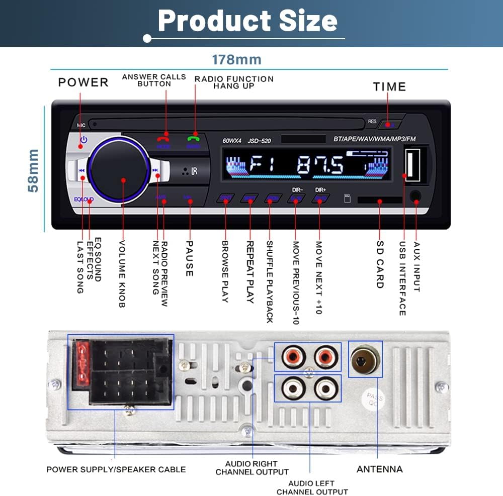 Hikity 1 DIN autoradio met Bluetooth 5.0, 1 DIN radio met FM, Bluetooth