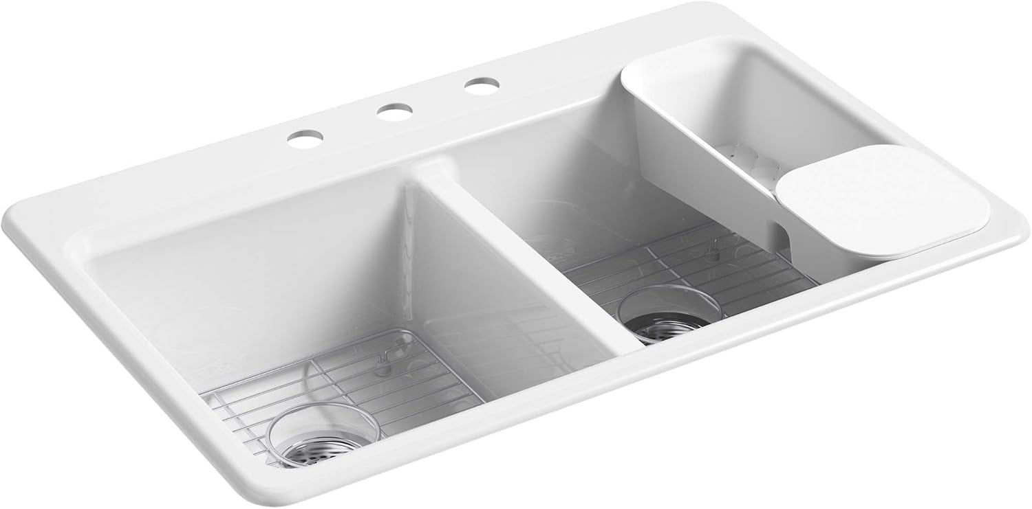Kohler 8679-3A2-0 Riverby® 33" top-mount double-bowl workstation kitchen sink, White
