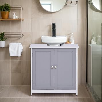 Pedestal Sink Storage Cabinet, Vanity Base Cabinet, Under Sink Bathroom Cabinet with U-Shape Cut-Out, Adjustable Internal Shelf and 2 Doors, Space Saver Organizer, White and Gray