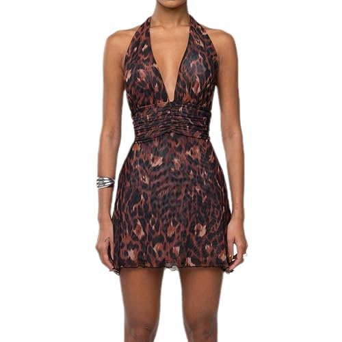 Women Y2k Halter Boho Floral Mesh Ruffle Mini Dress Sexy Bohemian Deep V Neck Tie Backless Beach Short Dresses - Leopard Brown - Small