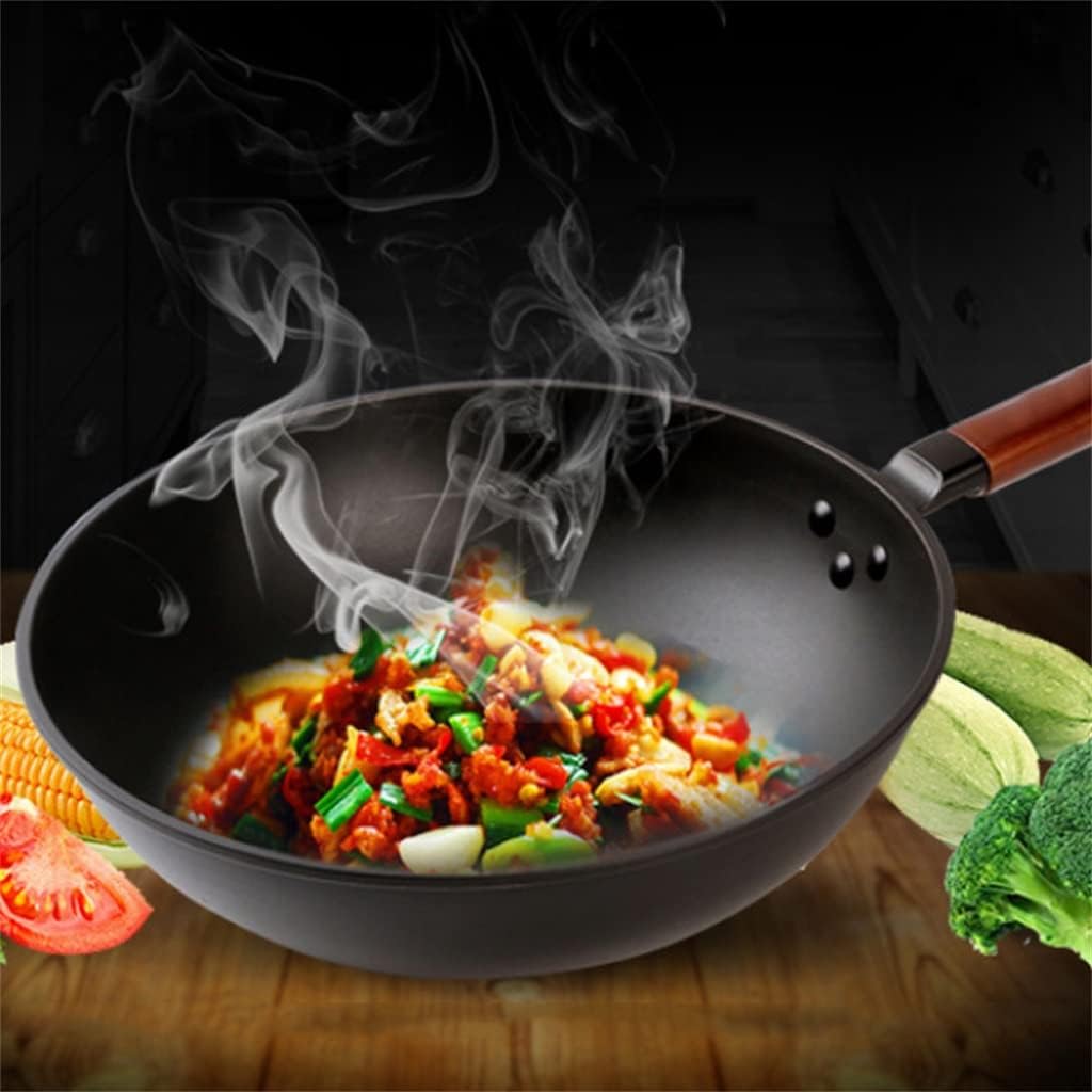 Cast Iron Wok Non-Stick Pans Kitchen Fried Egg Steak Griddle Pan Beech Handle With lid Cookware