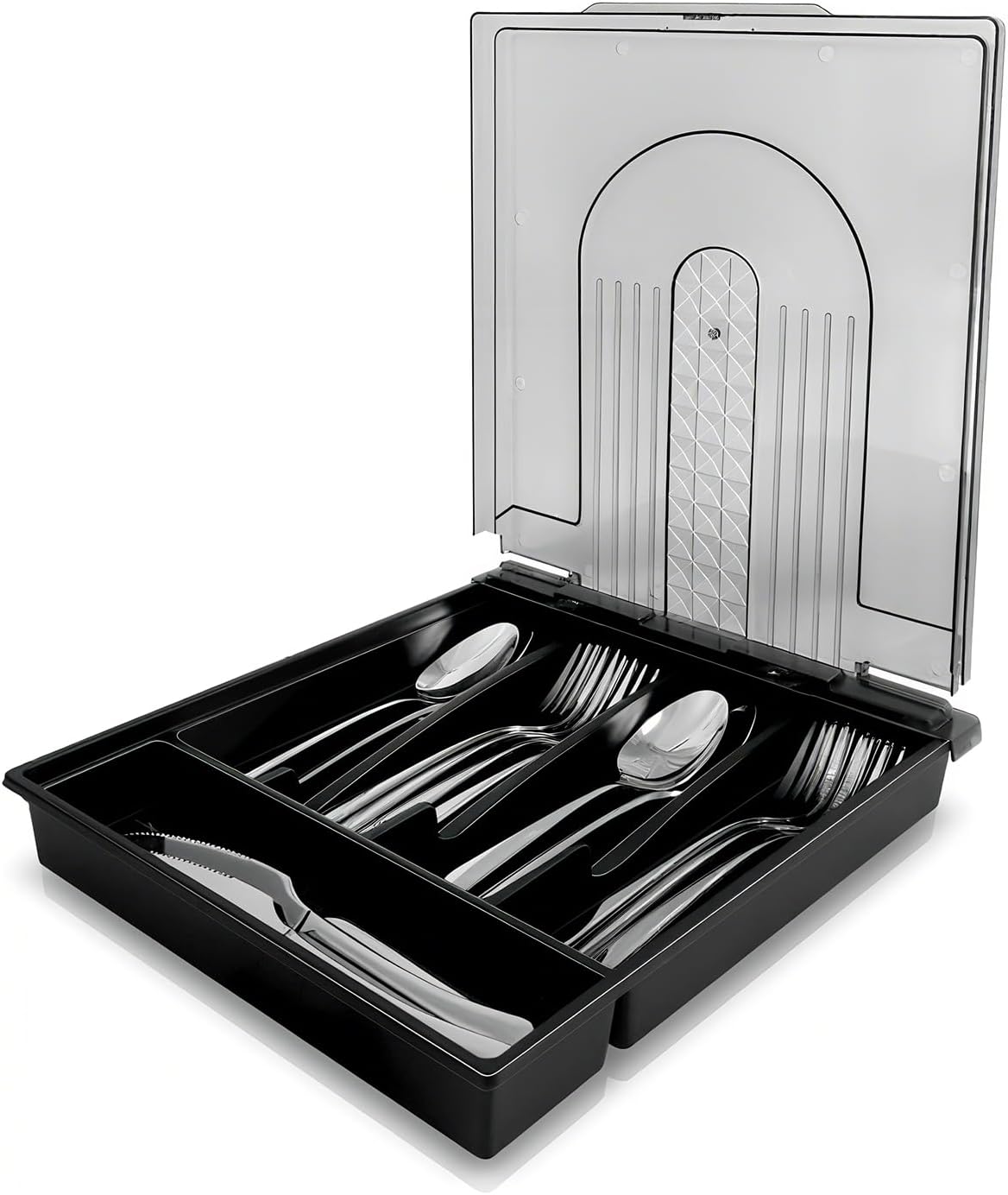 5-compartment kitchen utensil storage box with transparent lid – a fixed-compartment cutlery tray for kitchen drawer storage, a dust-proof container for forks, spoons, and knives