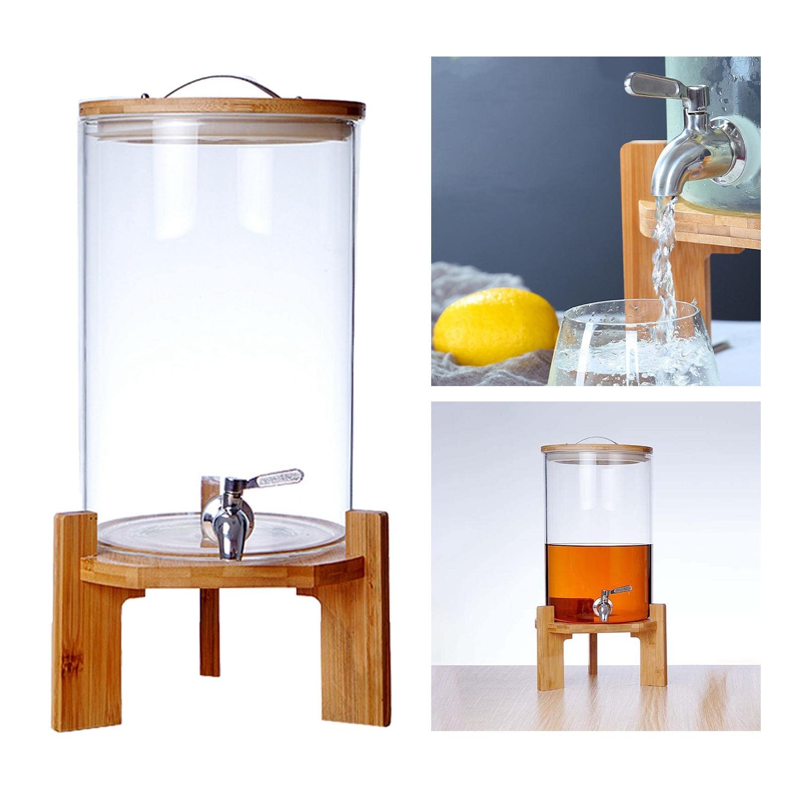 Glas Getränkespender mit Edelstahlfilter Borosilikat Getränkefass Leakproof Behälter mit Bambusdeckel Und Ventil für Restaurant Hotel Gartenparty, 8L