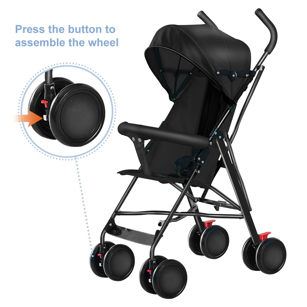 Poussette 3 en 1, Poussette Canne avec Coussin et Moustiquaire, Poussette Légère et Pliable, Poussette pour 0-4 Ans, Poussette Tout Terrain avec Frein et Panier (noir)
