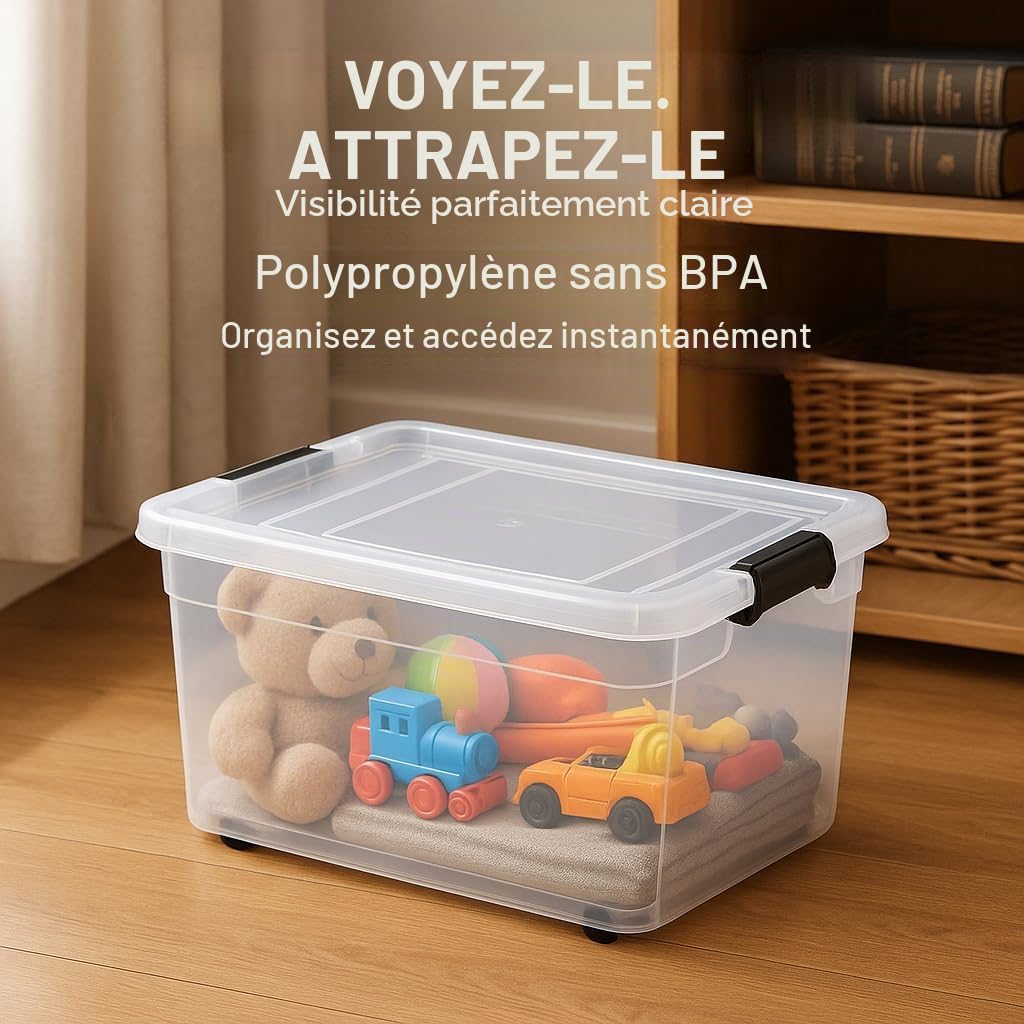 POSH Lot de 4 boîtes de rangement avec couvercle - En plastique de qualité alimentaire - Avec roulettes - 15/30/50/60/80 litres - Empilables pour la maison, les clips de fermeture, l'organisation - 60