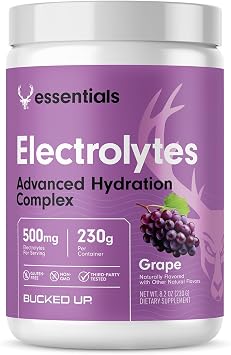Bucked Up Essentials Electrolytes Grape | Advanced Hydration Complex with 500 mg Electrolytes Per Serving | Gluten Free Non GMO Third Party Tested Drink Mix | 230g (50 Servings)