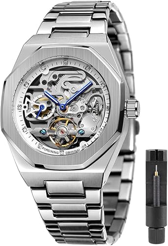 Tiong Mechanical Men Watches Fashion Automatic Men Watches Blue Stainless Steel Waterproof Business Skeleton Watch Silver White Quartz Watch Mechanical Automatic