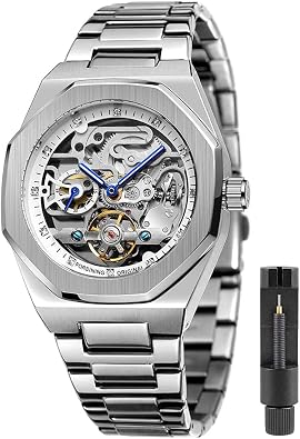 Tiong Mechanical Mens Watches Fashion Automatic Male Clock Blue Stainless Steel Waterproof Business Skeleton Watch...