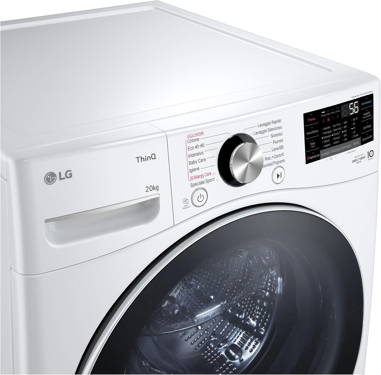 LG AI DD F0P3020TSWC Lavatrice 20kg, a Carica Frontale, Capacità XL Serie P3, Classe B, 1000 Giri, TurboWash 360, Vapore, Wi-Fi, Motore Inverter Direct Drive, Libera installazione, Bianco