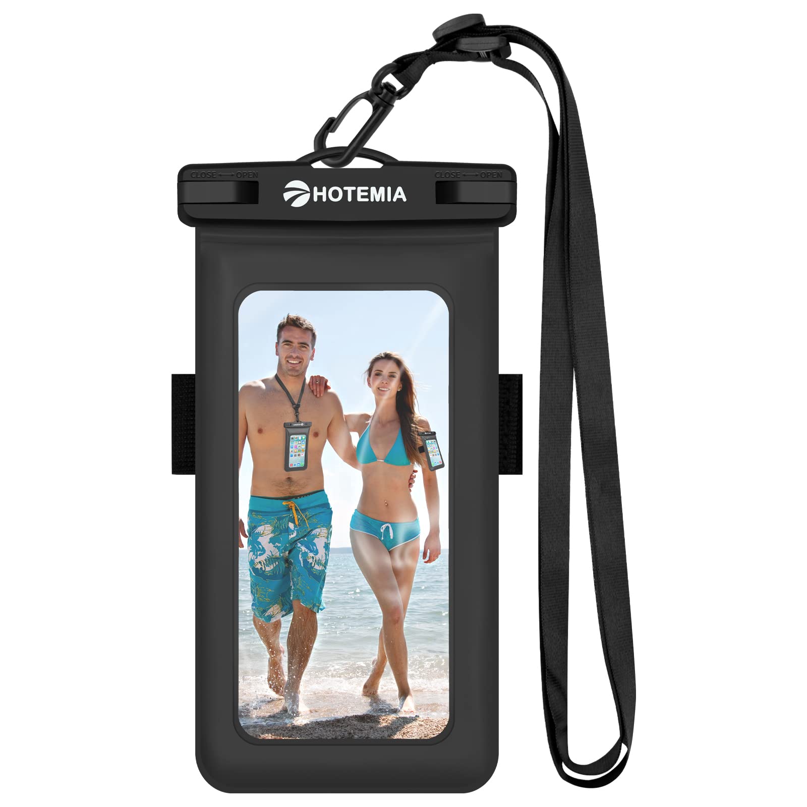 HOTEMIA Waterproof Cell Phone Pouch Floating, Float Phone Case Dry Bag with Neck Lanyard and Armband, Fits iPhone and All Cell Phones(Plus Size, Black