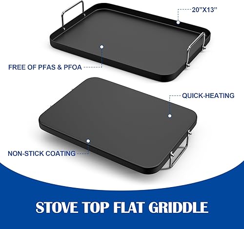 Miniatura 3 de SafBbcue Plancha clásica antiadherente anodizada de doble quemador, asas extraíbles que se mantienen frescas, aptas para horno, acero antiadherente,