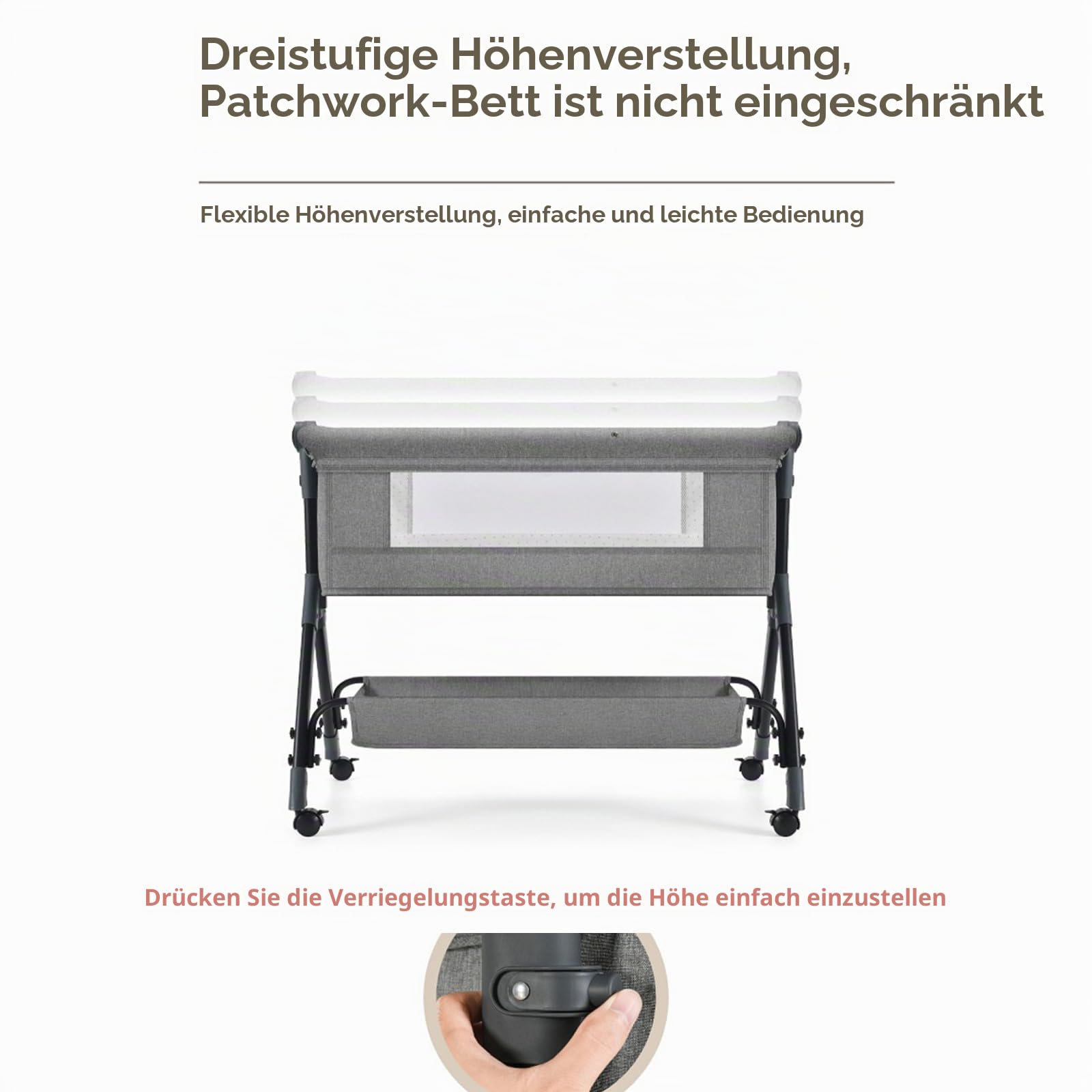 Next to me Beistellbett höhenverstellbar, tragbarer Stubenwagen, stabiles Babybett 3-in-1, mit waschbarer Matratze, Wickeltisch, Aufbewahrungstasche, 4 feststellbare Räder, Moskitonetz, für 0