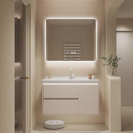 Modern Wall Mounted Floating Bathroom Vanity with Integrated Ceramic Sink, No Assembly Required, Hanging LED Intelligent Lighted Sensor and Demisting Mirror, Cabinet Spaces