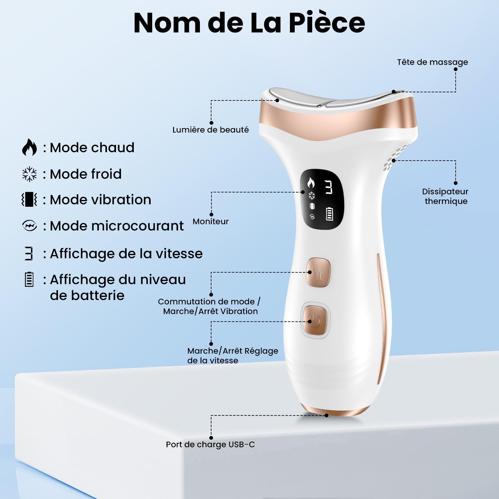 Massage Visage Appareil Anti Rides: Masseur Double Menton Lifting à 15°C Froid et 45°C Chaleur - Appareil de Beauté Electrique à 7 Modes LED 7 Couleurs - EMS Appareil Cou de Gua Sha Visage, Blanc