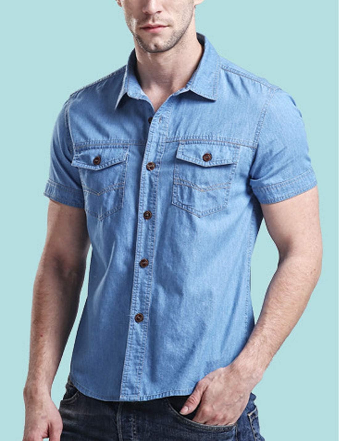 Flygo Men's Solid Button Up Short Sleeve Denim Shirt with Pockets