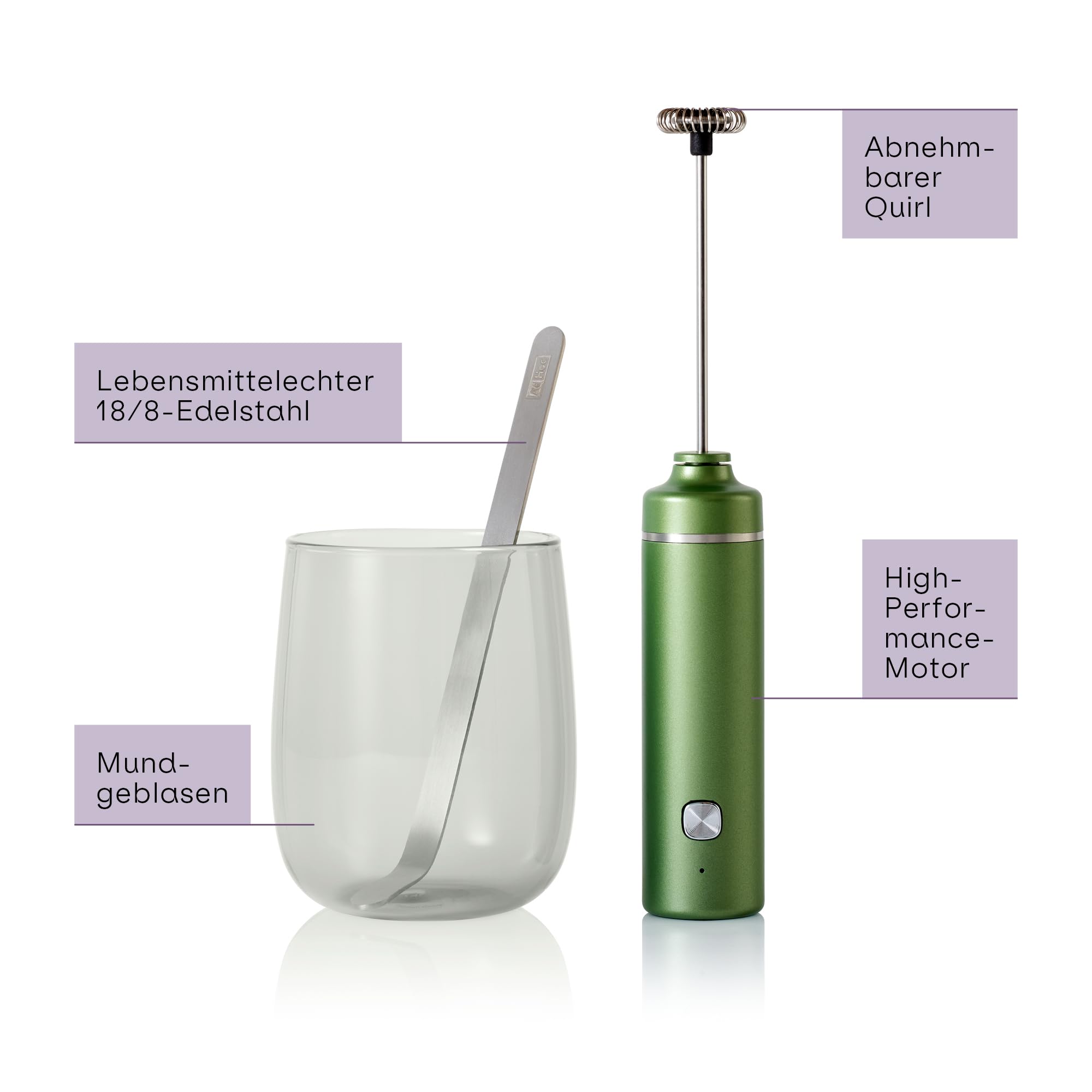 AdHoc Chado Set 3-tlg. – Matcha-Genießer-Set mit elektrischem Milchaufschäumer, mundgeblasenem Glas & Matcha-Löffel aus Edelstahl – USB-C wiederaufladbar