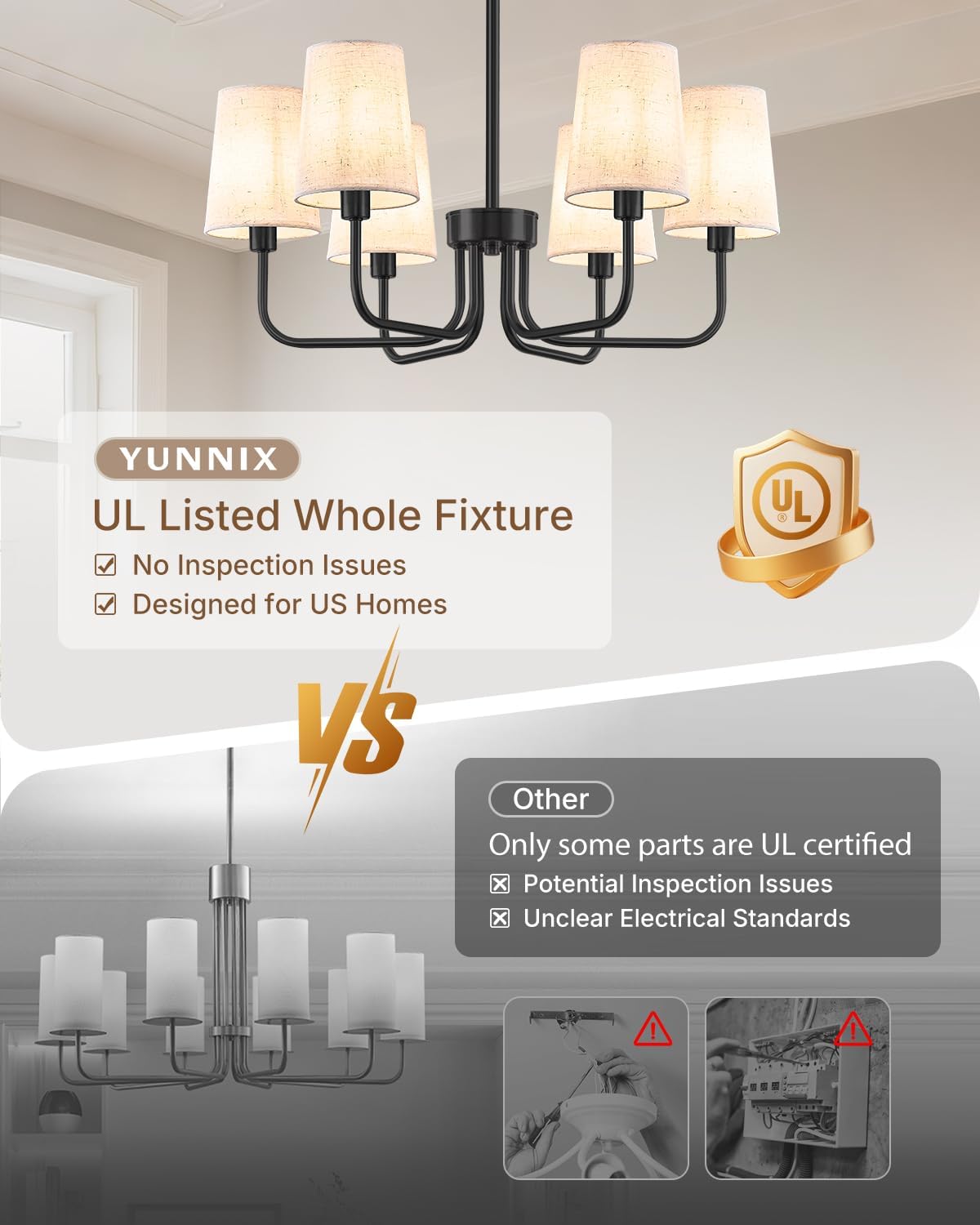 Yunnix 6 Light Black Chandelier with Linen Shades, No Assembly Required Modern Dining Room Light Fixture, 25" UL Certified Farmhouse Chandeliers for Living Room Kitchen Island Bedroom Entryway Foyer