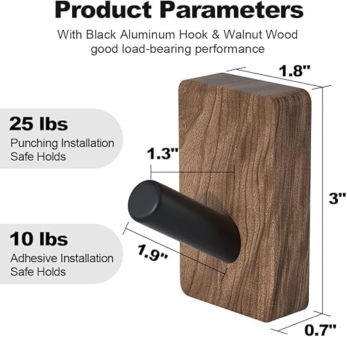 Miniatura 2 de 4 PCS Ganchos de Pared de Nogal Negro, Ganchos Rústicos Decorativos para Entrada Montados en Adhesivo y en Pared, Clavos de Madera Natural Modernos