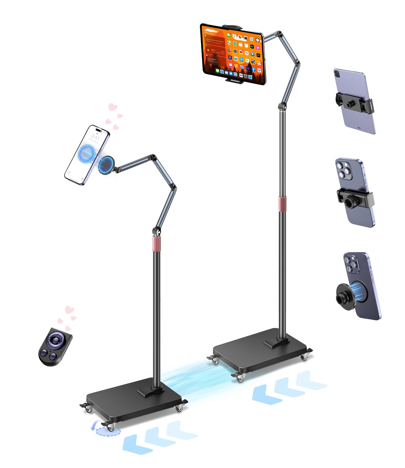 Rolling Tablet Floor Stand with Wheels, Adjustable Aluminum Arm &amp; 360° Rotation, Magnetic Phone Holder with Remote, iPad Floor Stand for Bed, Compatible with 4.7-13" iPad, Phone, Kindle &amp; Tablets