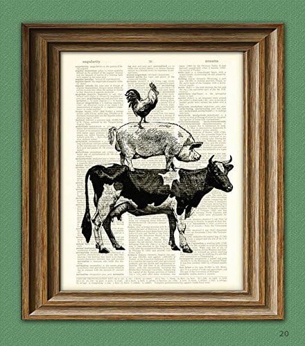 Cow, Pig, and Rooster Stack Illustration Beautifully Upcycled Dictionary Page Book Art Print