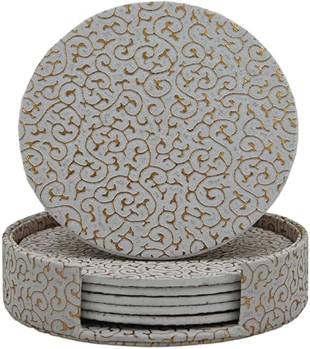 VMila Posavasos para bebidas, juego de 6 posavasos de cuero absorbentes con soporte para posavasos, perfectos para mesa de café y escritorio de