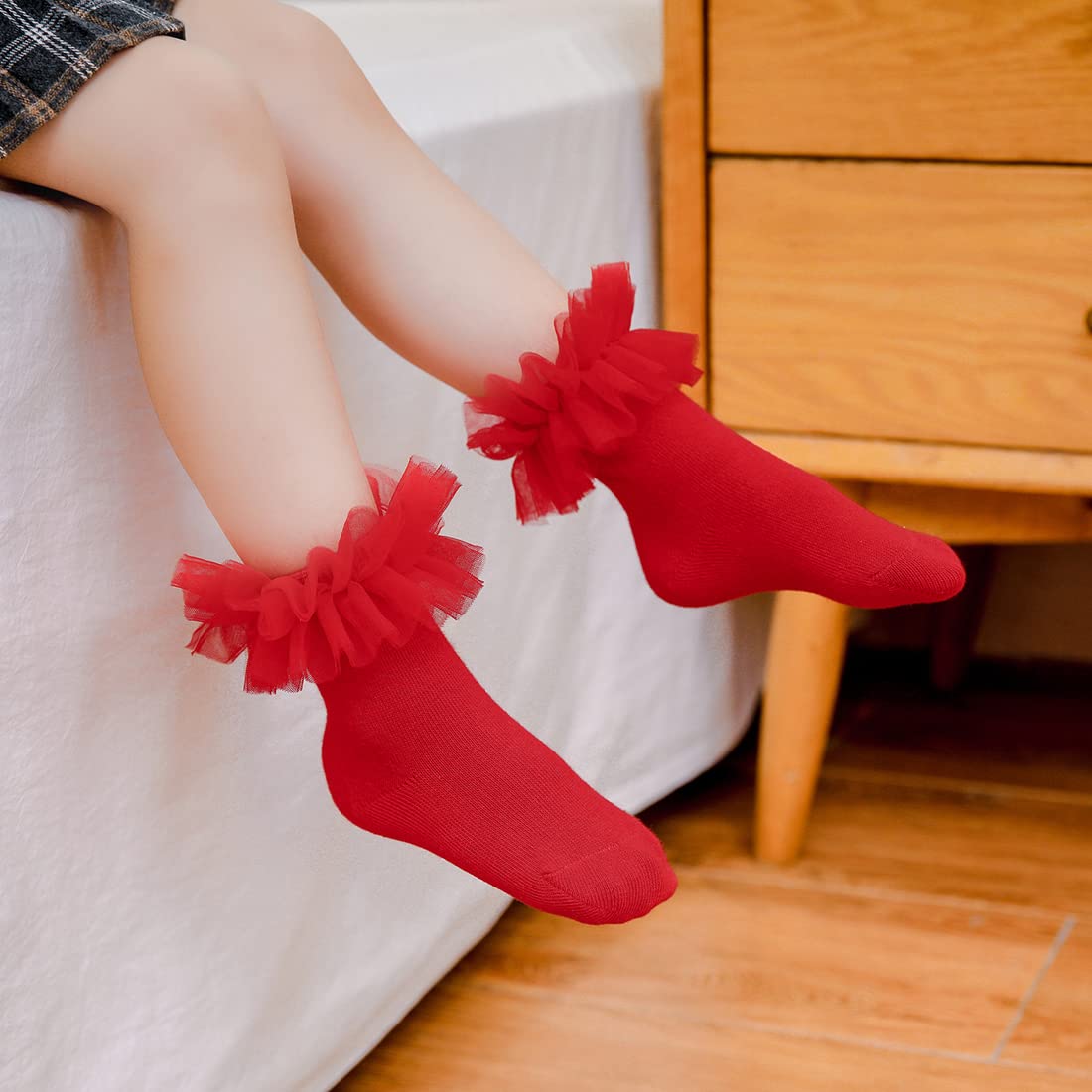 HOUSEYUAN Calcetines de vestir para niñas pequeñas, con volantes, de algodón, de punto, con volantes, color blanco