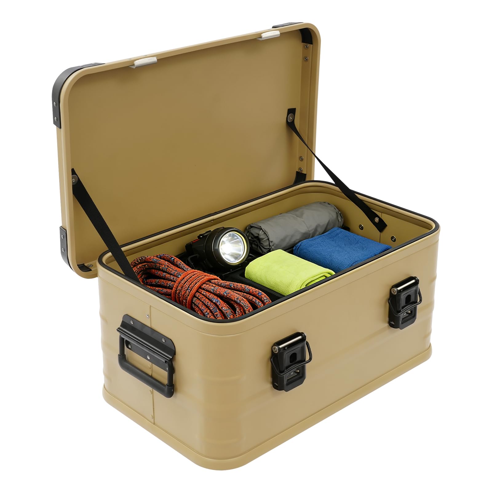 OUKANING 30L Alu Aufbewahrungsbox wasserdicht, Metallbox für Camping und Werkzeug, aluminium transport kiste mit Gummidichtung, stapelbare Outdoor-Lagerbox für Zuhause, Auto, Baustelle (Khaki)