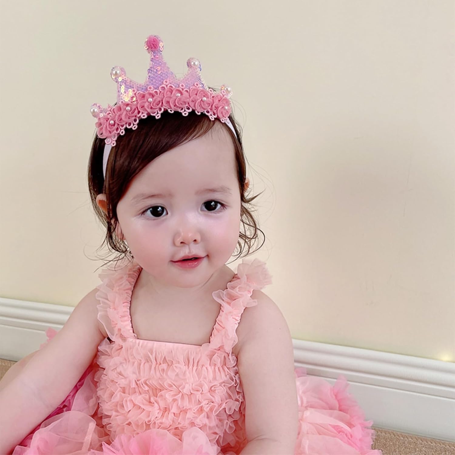 Lace Crown Hair Bow for Baby Girls Soft Tulle Elastic Headband Baby Shower Birthday Party Crown Hair Accessories for Newborn Infant Toddlers (Pink B, Adjustable) - Image 7