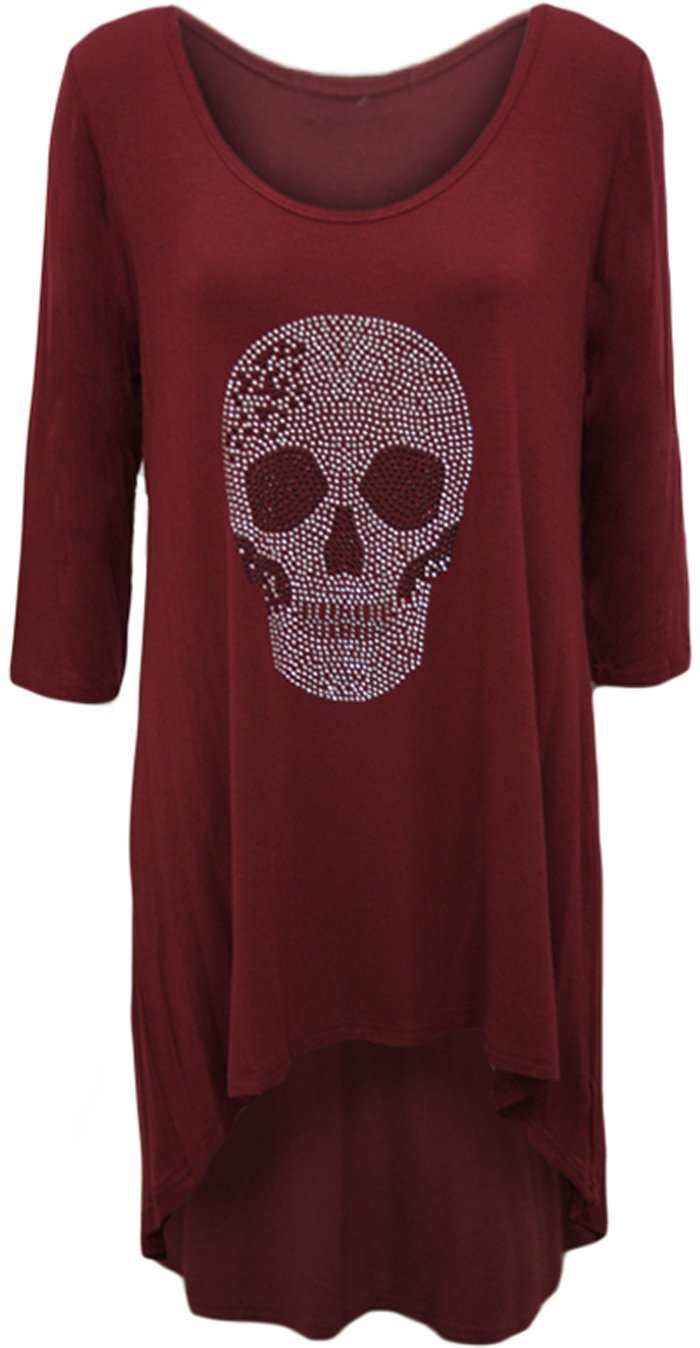 Wearall Women's Wine Plus Size Skull Tail Back Dip Hem Long Scoop Neck Sleeve Top - 12/14
