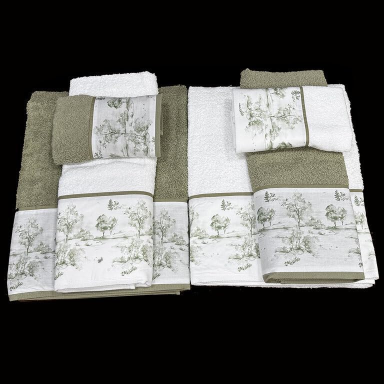 Dos Juegos DE Toallas Toile DE JOUY Bosque Blanco Y Verde