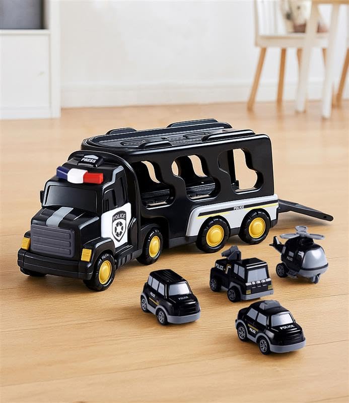 Image of Play Nation 5-in-1 Friction-Powered Truck Toy Set with Light&Sound-Educational Transport Carrier Vehicle for Kids 3 Years+,Emergency Rescue Toy for Girls&Boys,Birthday Gift (Police,Black)
