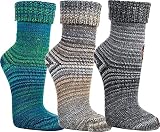 WOWERAT Wollsocken Skandinavien-Style wie handgestrickt, mit Umschlag für Damen und Herren 1 Paar (Gr.43-46, petrol)