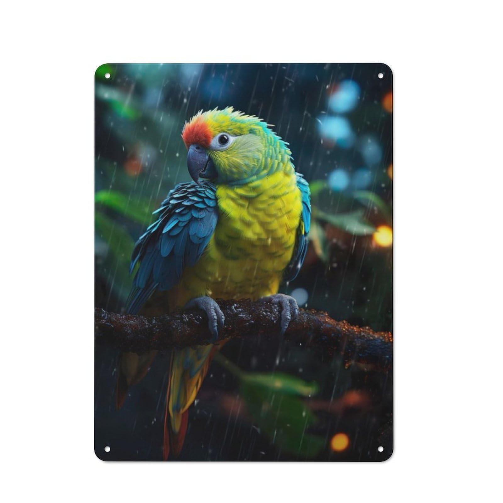 Retro Metal Sign with Epic Rainy Parakeet Design 40x30cm, Weathered Look Shed Wall Plaque for Garage, Workshop, Shed Or Utility Room