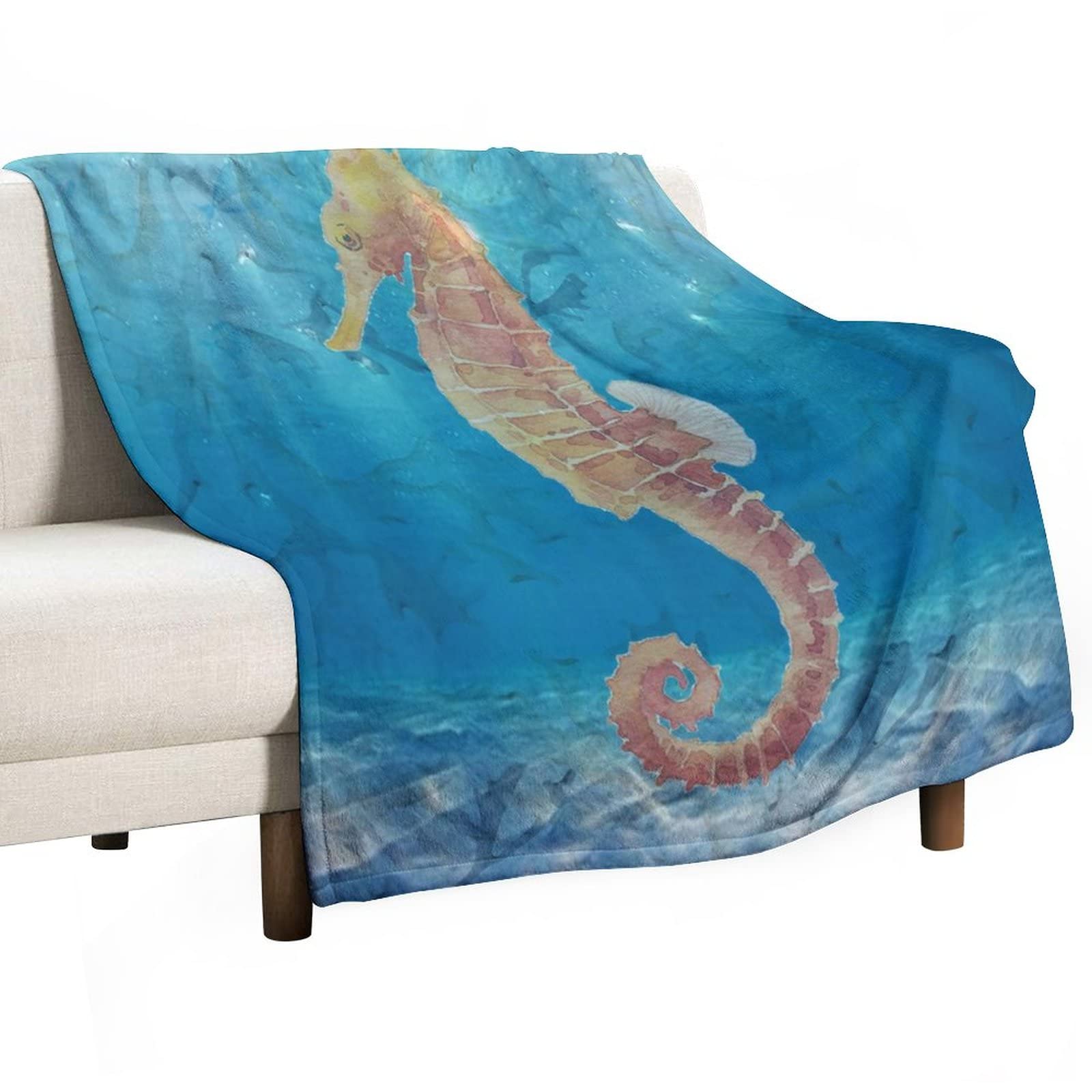 Couverture flanelle hippocampe double face anti-froid pour canapé et chambre enfant 130x150
