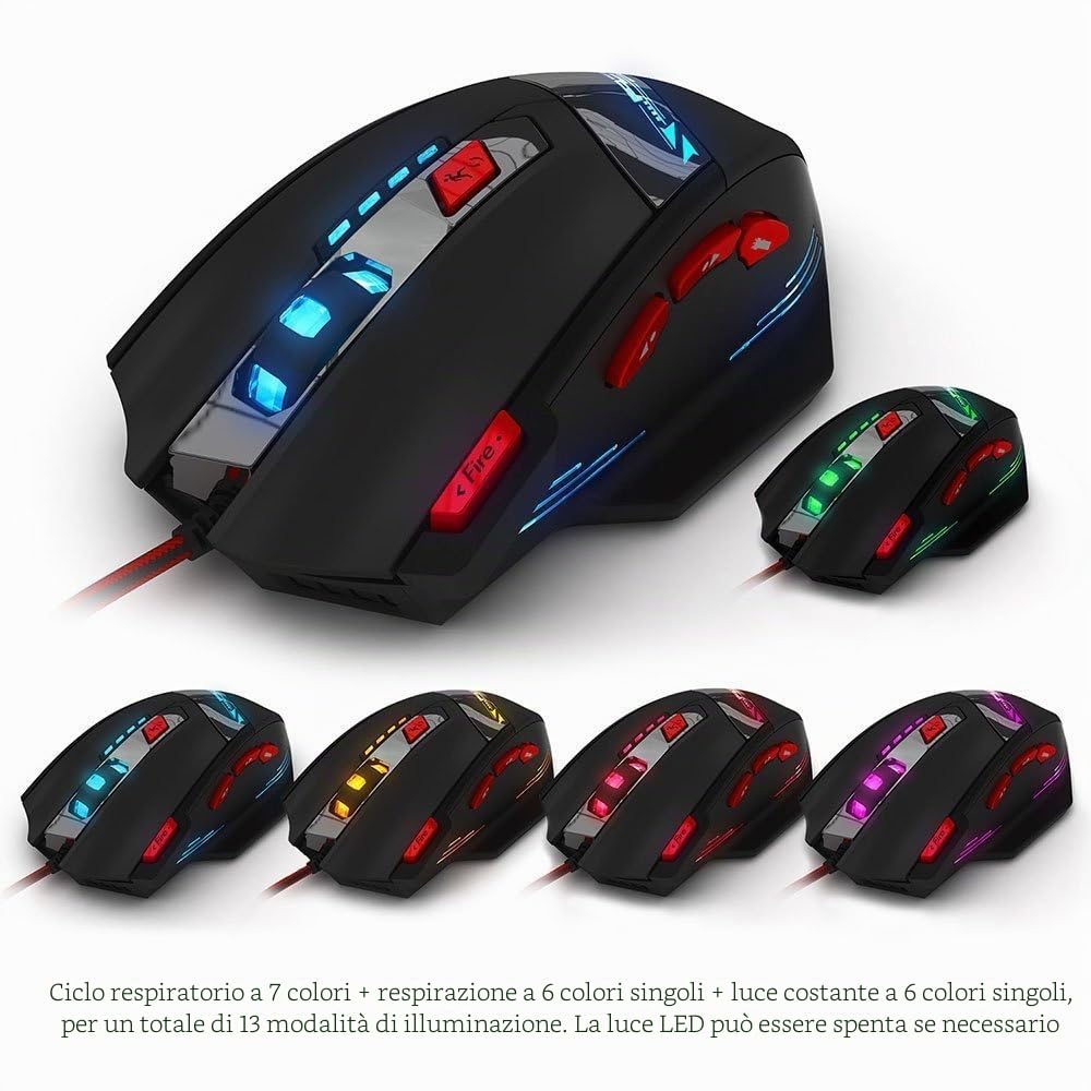 zelotes Mouse Gaming Cablata,9200DPI,8 Pulsanti Programmabili,Pesi Regolabili,RGB,Prestazioni Elevate,Design Ergonomico,Mouse da Gioco con Filo USB per PC,Mac,Laptop,Nero
