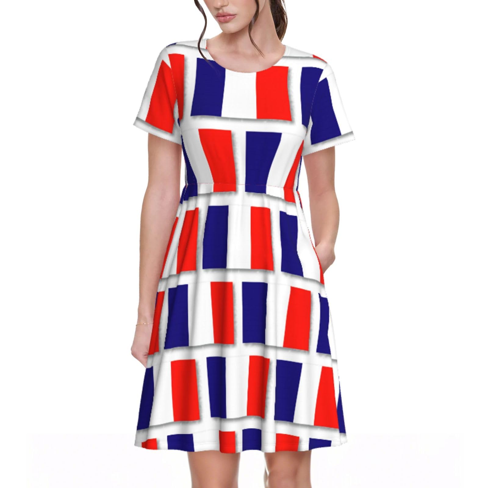 French Flag Womens Summer Dress Casual Swing Short Sleeve Sundresses Beach A-Line Shift Dress with Pockets Black