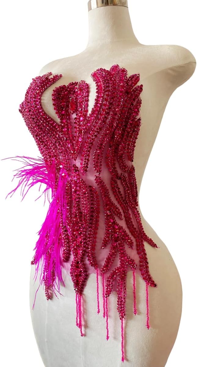 Hand Made Smart Beads Tassels Fluttering Feathers Hand-Stitched Shiny Rhinestones Bodice Applique Dress DIY Accessories Patches (Rose red)