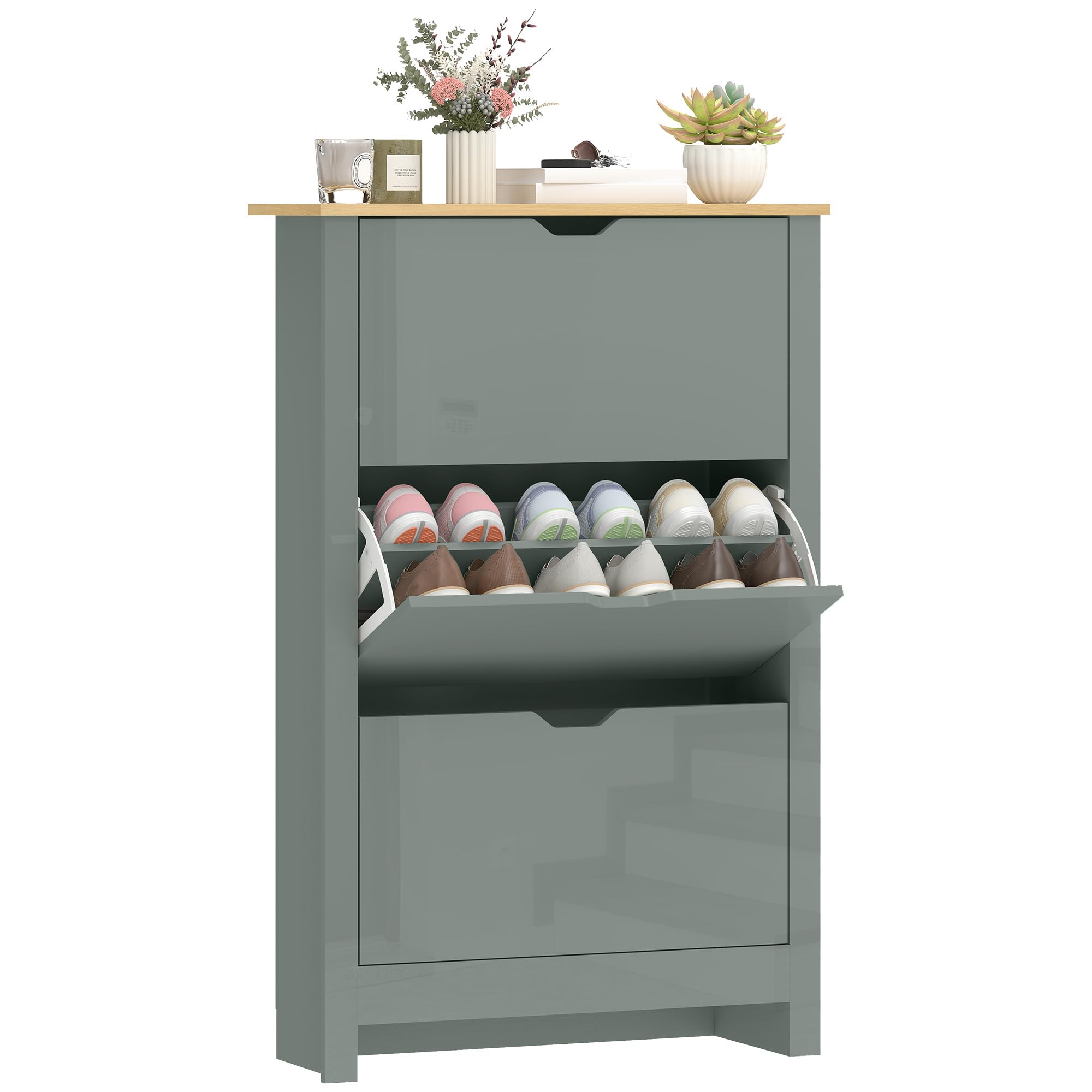 HOMCOM Narrow Shoe Cabinet, Space Saving Shoe Storage Cabinet with 3 Flip Drawers and Adjustable Shelves for up to 18 Pairs for Hallway and Living Room, High Gloss Light Grey โ image 1