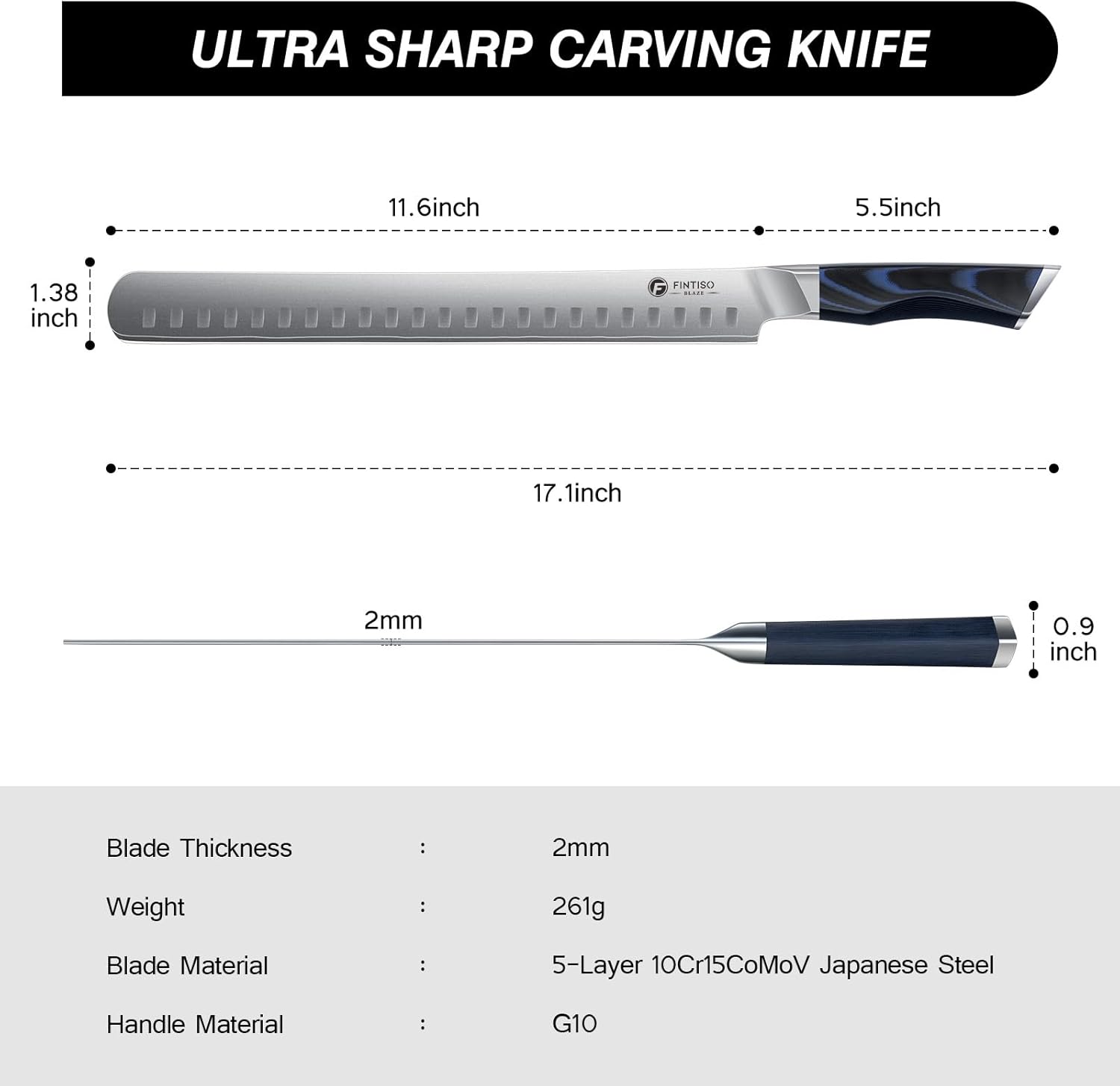 Brisket Slicing Knife, 11.6 Inch Carving Knife, Japanese High Carbon Steel Slicing Knives with VG10 Steel Core & G10 Handle, Full Tang Ultra Sharp Meat Cleaver for BBQ, Turkey, Roast, Brisket