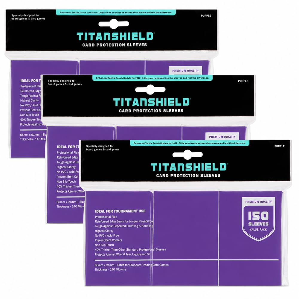 TitanShield Premium Card Sleeves | Compatible with Pokemon, One Piece, Lorcana, Flesh &amp; Blood, &amp; Magic The Gathering MTG | (150 Sleeves - Standard) (3, Purple, Standard | 66x91mm)