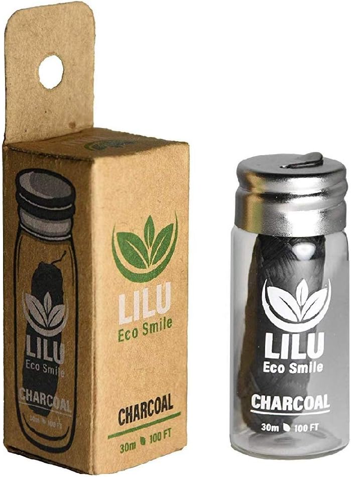 liluOrganic Vegan Bamboo Charcoal Dental Floss in Reusable Glass Bottle | with Tea Tree and Peppermint Essential Oils | 100ft 33m Naturally Waxed | Eco-Friendly Zero Waste