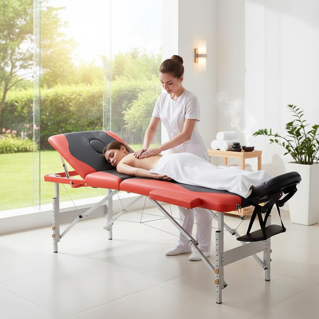 Mucola Massageliege 3 Zonen Kosmetikliege Aluminium | klappbar und höhenverstellbar | Portable Massagebank inkl. Zubehör Kopfstütze, Armlehnen und Tragetasche - Schwarz/Orange