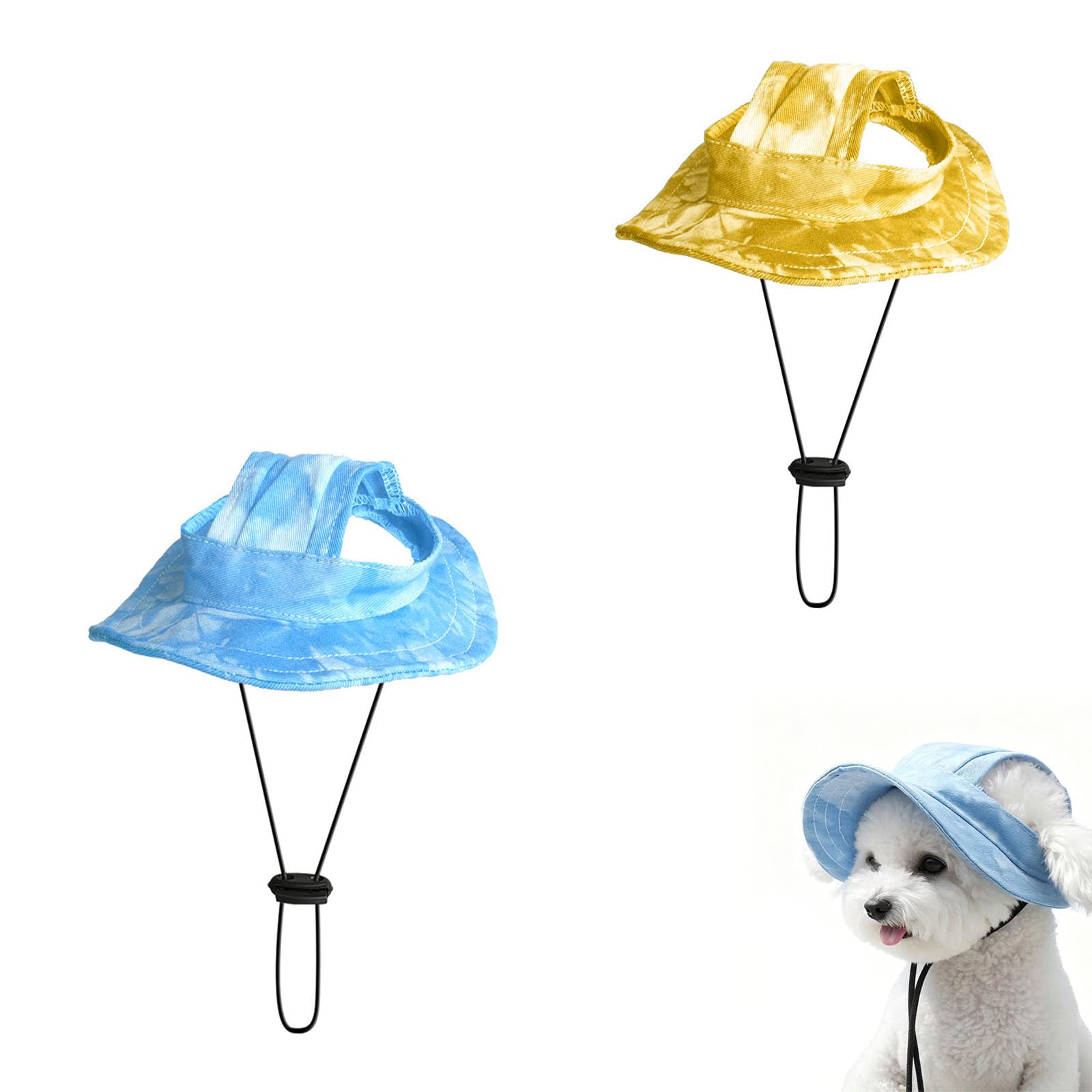 Dog Baseball Cap for Small Medium Dogs, 2026 New UV Sun Protection Dog Hat, Canvas Pet Summer Beach Peaked Cap with Ear Holes Adjustable Neck Strap (Blue+Yellow, L)