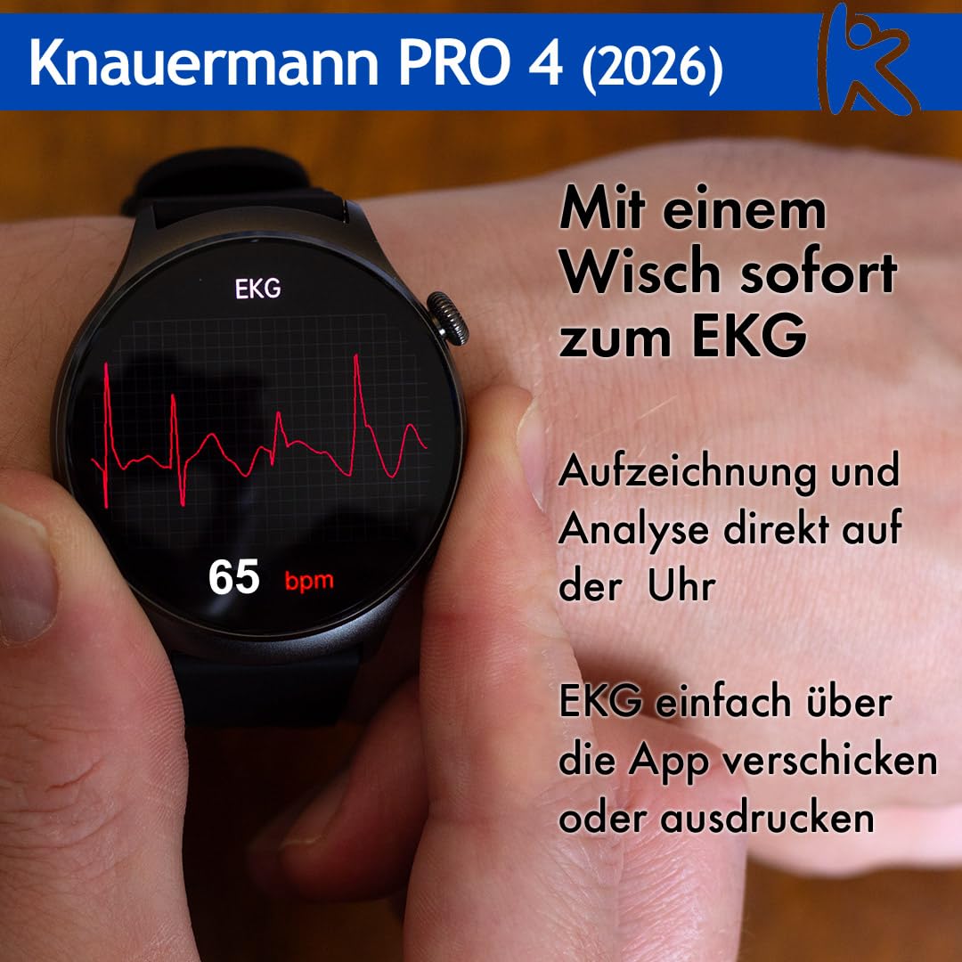 Knauermann Pro 4 ECG Healthy Watch - Reloj Inteligente con función telefónica – Reloj Inteligente Plateado – Pulso presión Arterial oxígeno en Sangre HRV – Análisis del sueño – para Hombre y Mujer
