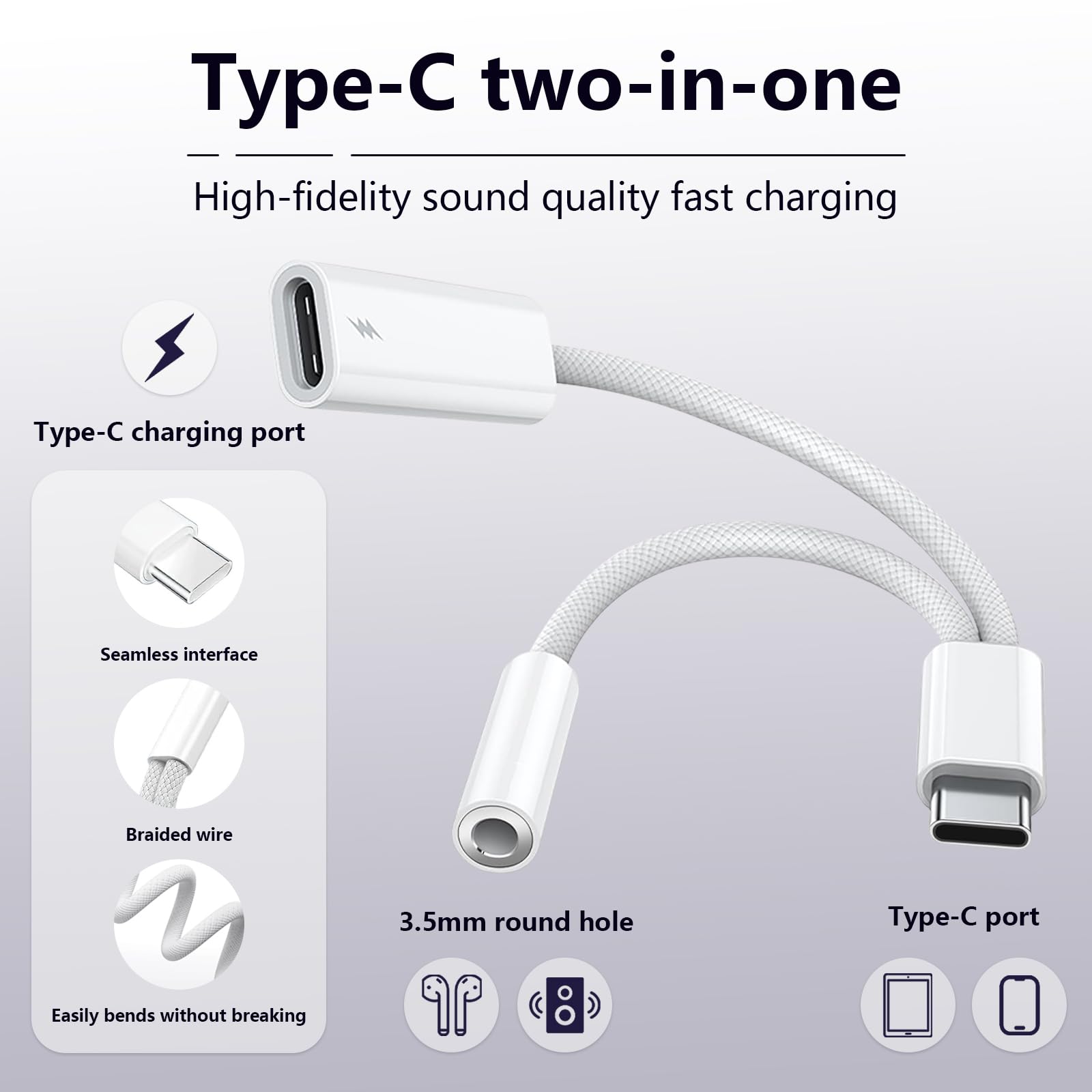 USB C auf 3,5 mm Kopfhörer- und Ladeadapter, 2-in-1 USB Typ C auf AUX-Klinken-Dongle-Kabel mit PD 60 W Schnellladung für iPhone 15, 16, 17 Pro Max Air, Galaxy S23, S24, S25 Ultra, Note 20, iPad Pro (1