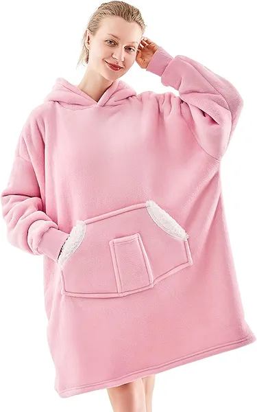 NORD ECO Wearable Blanket Hoodie, Oversized Sherpa Fleece Sweatshirt Blanket with Giant Pockets & Sleeves for Adult, Cozy Hooded Blanket, Winter Gift for Women, Pink